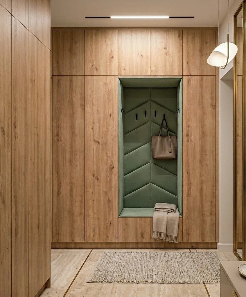 Przedpokój z siedziskiem i zabudową na wymiar – realizacja 3homes.pl