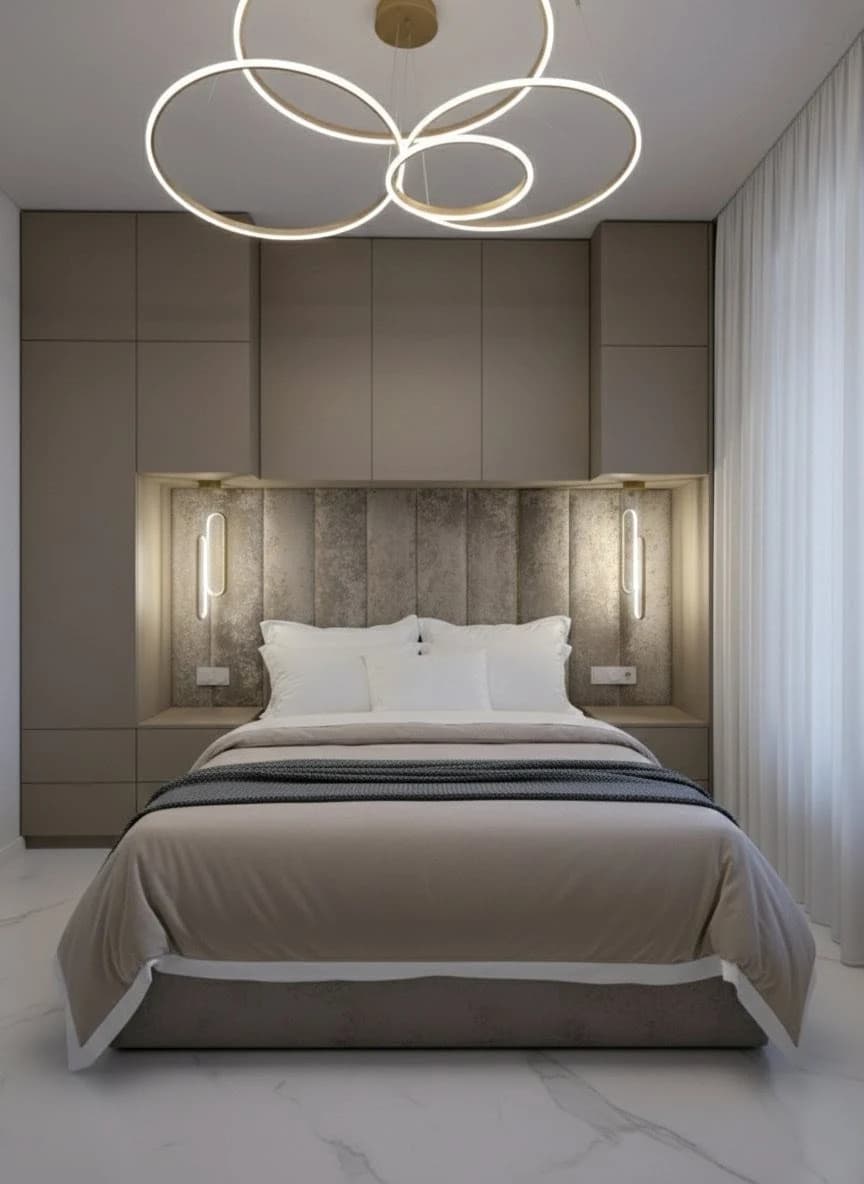 Sypialnia na wymiar z łóżkiem tapicerowanym i panelami — realizacja 3homes.pl