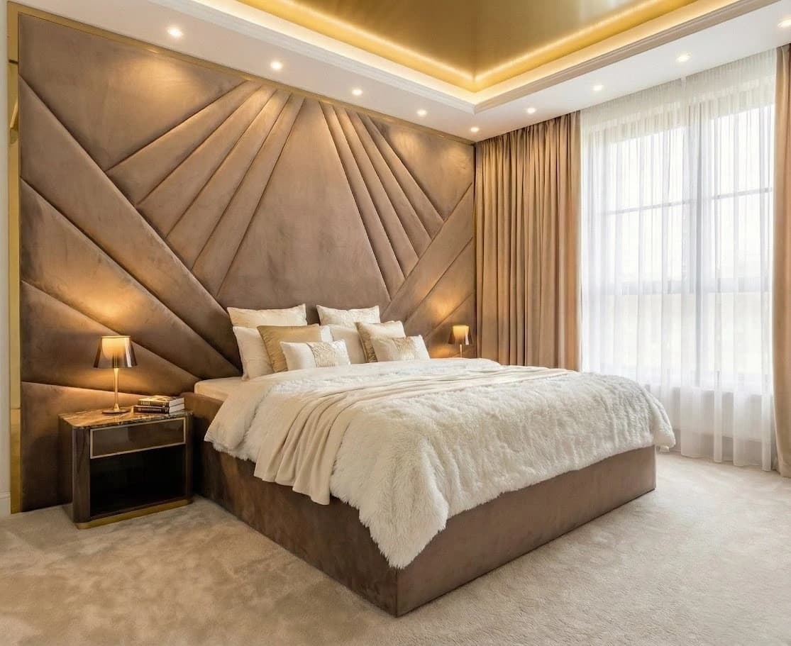 Sypialnia glamour z łóżkiem tapicerowanym i panelami velvet – realizacja 3homes.pl