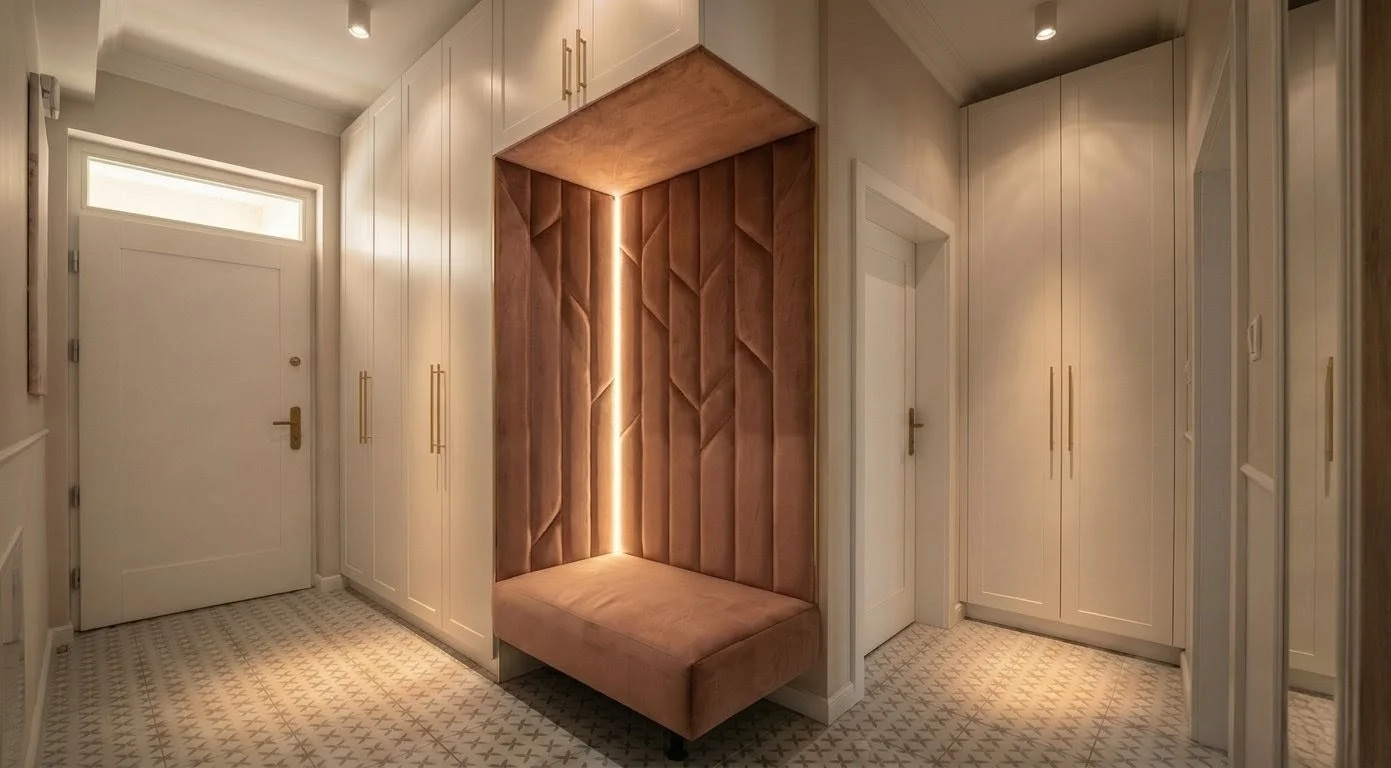 Sypialnia na wymiar z tapicerowanym zagłówkiem i zabudową — realizacja 3homes.pl, Trójmiasto